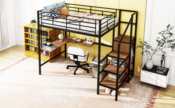 English Elm Full Metal Loft Bed with Built-In L Desk, 3-Tier Ladder Shelves and Under-Ladder Wardrobe Space, Durable Black SF000024AAB