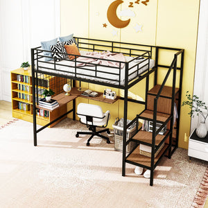 English Elm Full Metal Loft Bed with Built-In L Desk, 3-Tier Ladder Shelves and Under-Ladder Wardrobe Space, Durable Black SF000024AAB