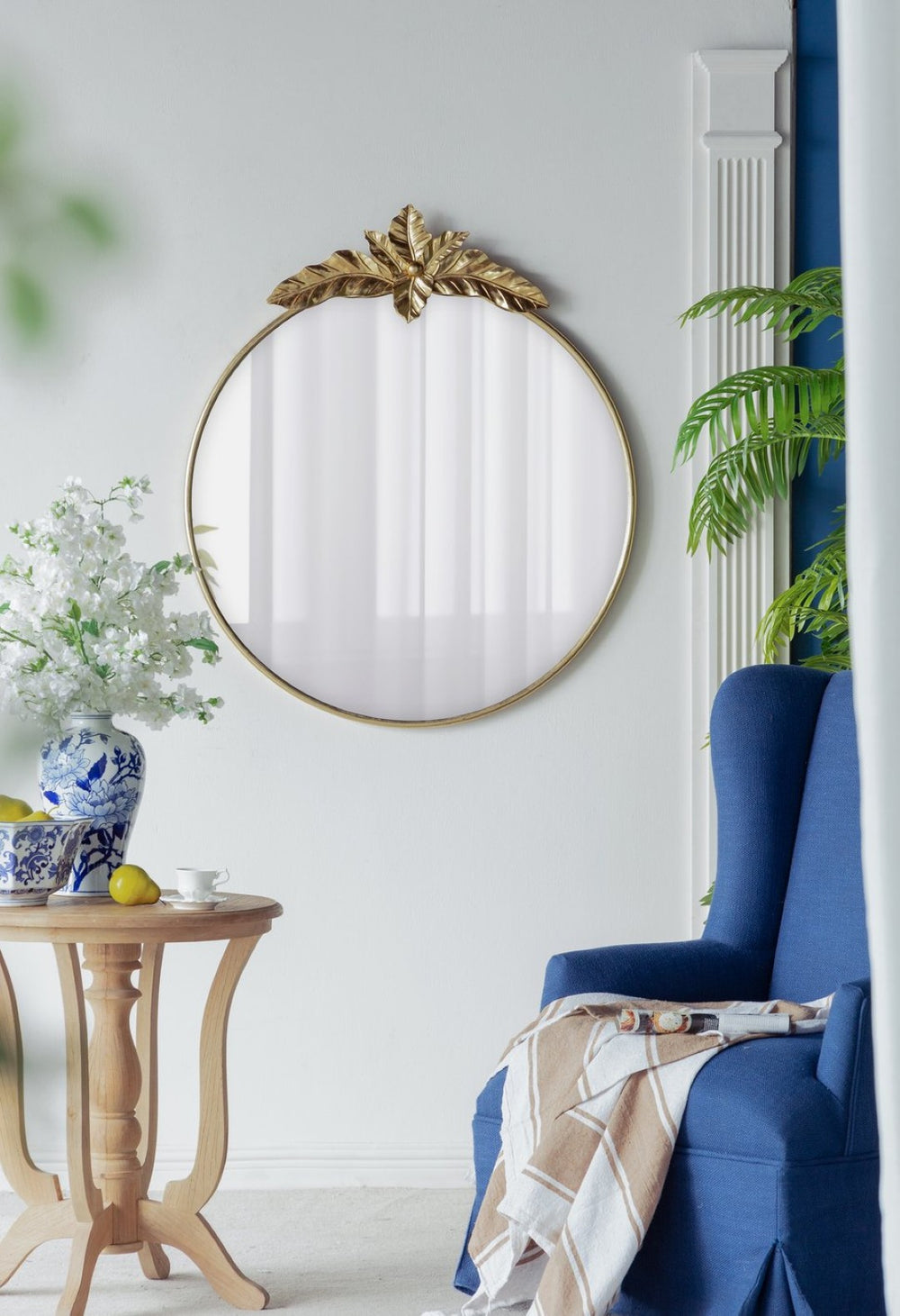 English Elm 36" Oval Gold Iron Frame Wall Mirror with Leaf Crown Detail for Bedroom or Entryway W2078135194