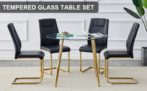 English Elm Table Set: Modern Round Glass Dining Table With Gold Legs & 4 Black Cushioned Chairs For Elegance W1151S00481-GIGA