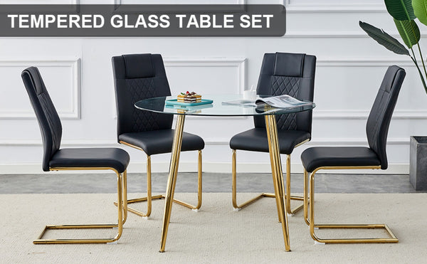 English Elm Table Set: Modern Round Glass Dining Table With Gold Legs & 4 Black Cushioned Chairs For Elegance W1151S00481-GIGA