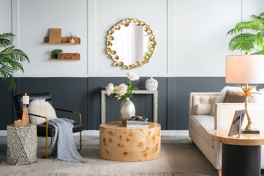 English Elm 35" Round Iron Wall Mirror Sculptural Gold Leaf Frame for Entryway or Living Room W2078135190