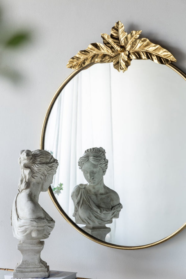 English Elm 36" Oval Gold Iron Frame Wall Mirror with Leaf Crown Detail for Bedroom or Entryway W2078135194
