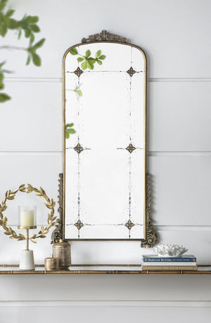 English Elm 24" Antique Gold Arched Full Length Mirror Baroque Relief Iron Frame Entryway Accent W2078135281
