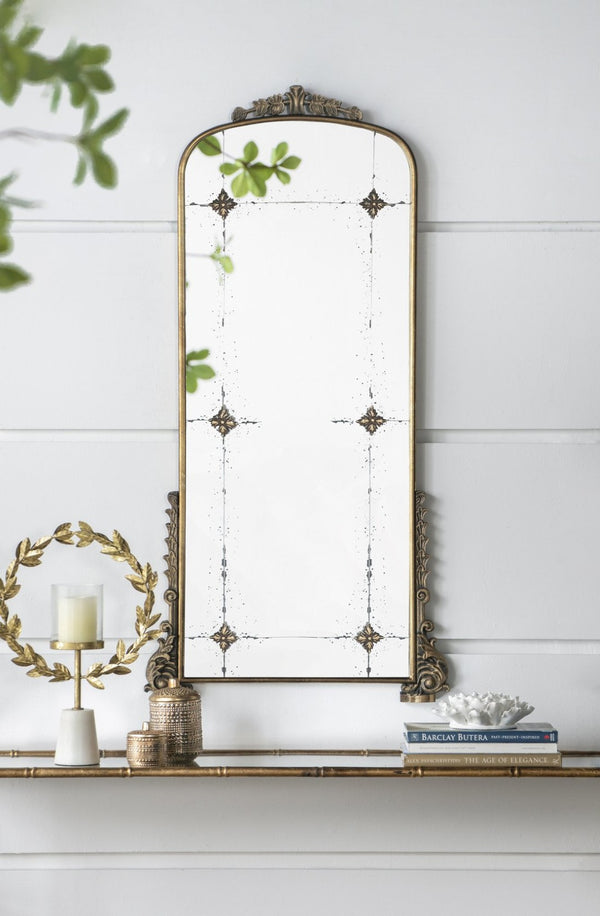 English Elm 24" Antique Gold Arched Full Length Mirror Baroque Relief Iron Frame Entryway Accent W2078135281