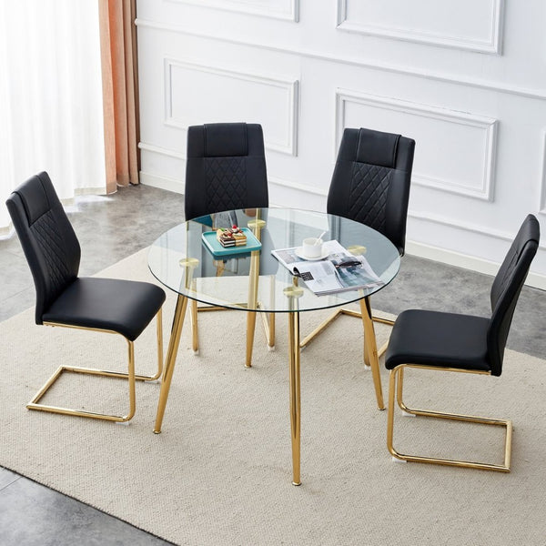 English Elm Table Set: Modern Round Glass Dining Table With Gold Legs & 4 Black Cushioned Chairs For Elegance W1151S00481-GIGA