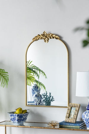 English Elm 24" Arched Gold Iron Frame Wall Mirror Ornamental Crown Accent for Bedroom or Entryway W2078135193