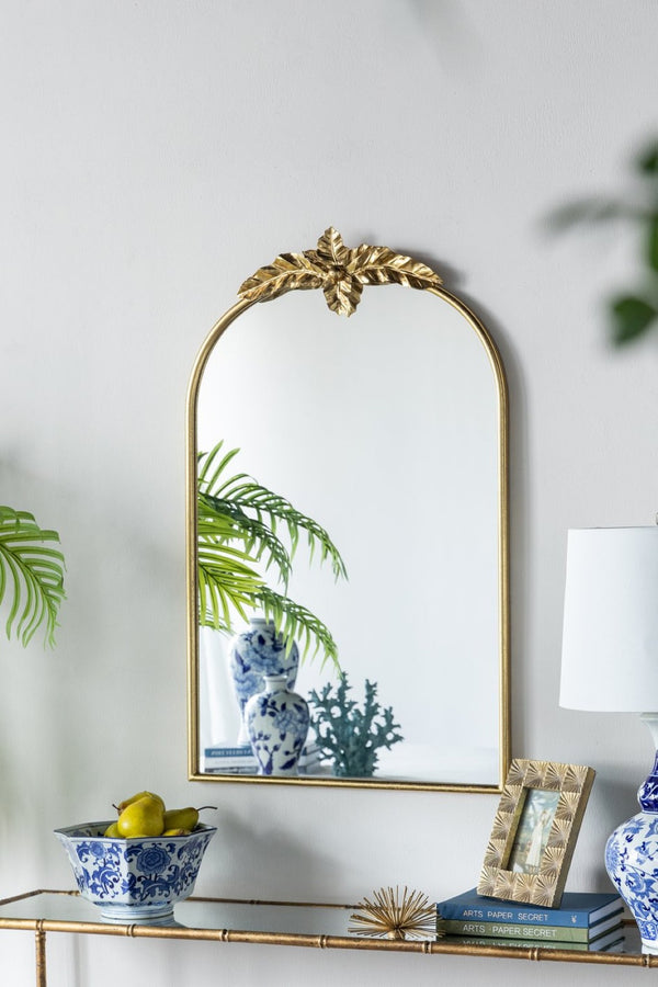 English Elm 24" Arched Gold Iron Frame Wall Mirror Ornamental Crown Accent for Bedroom or Entryway W2078135193