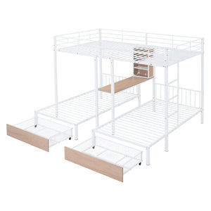 English Elm Full Triple Bunk Bed with Drawers and Built-in Desk Shelves, Space-Saving Metal & Wood Design for Families White SF000028AAK