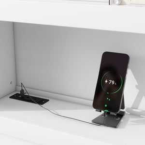 English Elm Full Full Size platform bed with trundle, 3 under-bed drawers, headboard shelves and USB ports—durable pine construction for storage and extra sleeping space White GX000352AAK