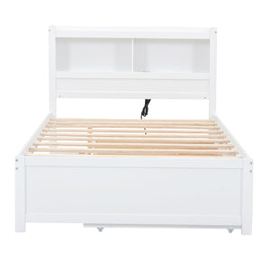 English Elm Full Full Size platform bed with trundle, 3 under-bed drawers, headboard shelves and USB ports—durable pine construction for storage and extra sleeping space White GX000352AAK