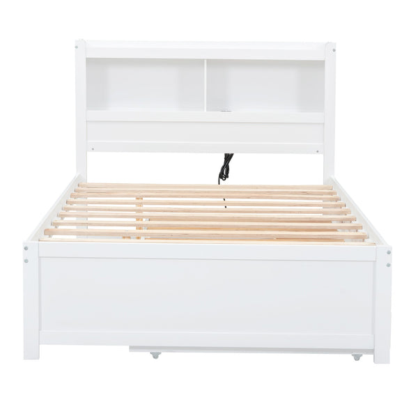 English Elm Full Full Size platform bed with trundle, 3 under-bed drawers, headboard shelves and USB ports—durable pine construction for storage and extra sleeping space White GX000352AAK