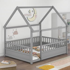 English Elm Full House Frame Floor Bed with Roof & High Fence Guardrails, Solid Pine/Plywood, Safe Spacious Design Grey W1858123988