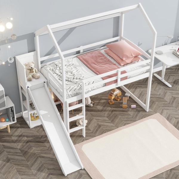 English Elm Twin House Loft Bed with Slide, Storage Shelves and Built-In Light — Playhouse Design, Sturdy 400lb Capacity White GX000355AAK