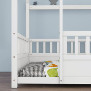English Elm Full House Frame Floor Bed with Roof & High Fence Guardrails, Solid Pine/Plywood, Safe Spacious Design White W1858123986