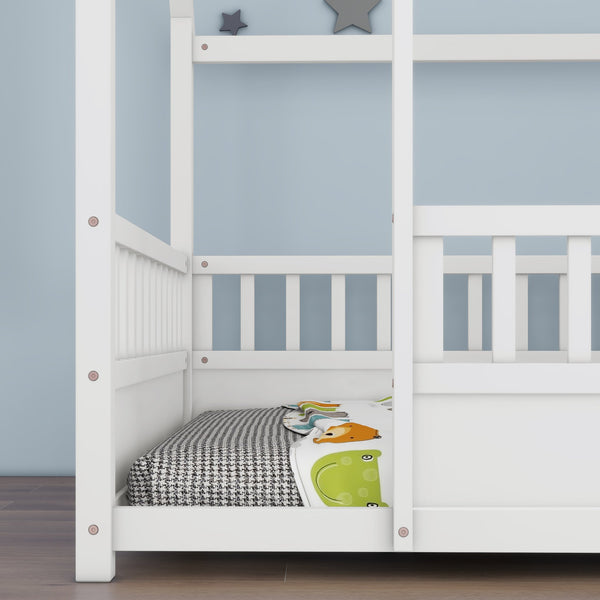 English Elm Full House Frame Floor Bed with Roof & High Fence Guardrails, Solid Pine/Plywood, Safe Spacious Design White W1858123986