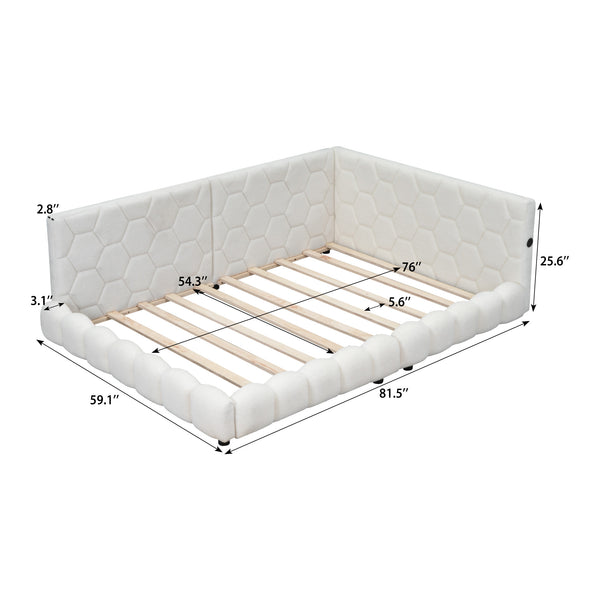 English Elm Upholstered Full Size Platform Bed with USB Ports, LED Accent Belt, White Modern Daybed Design GX000554AAK