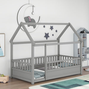 English Elm Twin House Frame Floor Bed with 20" High Fence, Solid Pine Roof, Spacious Entrance for Kids Safety Grey W1858123985