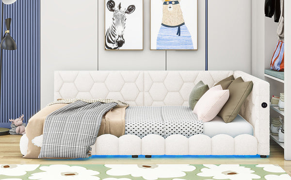 English Elm Upholstered Full Size Platform Bed with USB Ports, LED Accent Belt, White Modern Daybed Design GX000554AAK