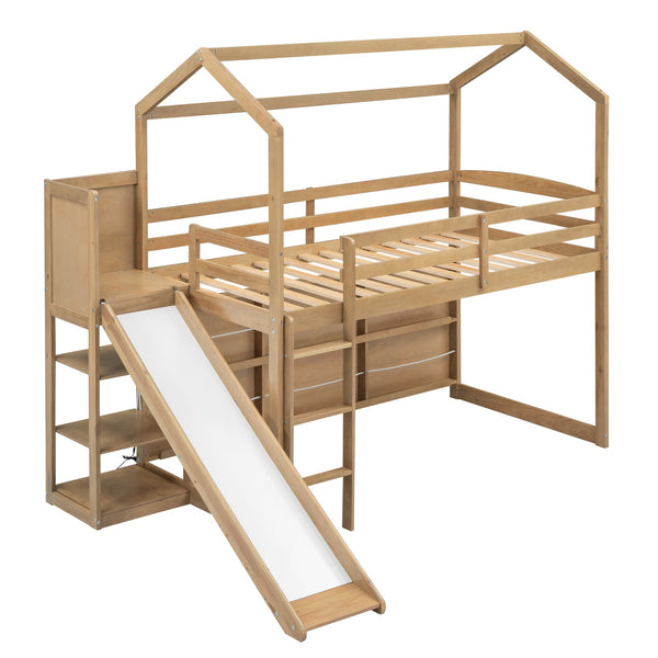 English Elm Twin House Loft Bed with Slide, Storage Shelves and Built-In Light — Playhouse Design, Sturdy 400lb Capacity Wood GX000355AAD