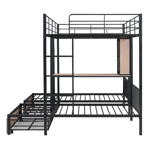 English Elm Full Triple Bunk Bed with Drawers and Built-in Desk Shelves, Space-Saving Metal & Wood Design for Families Black SF000028AAB