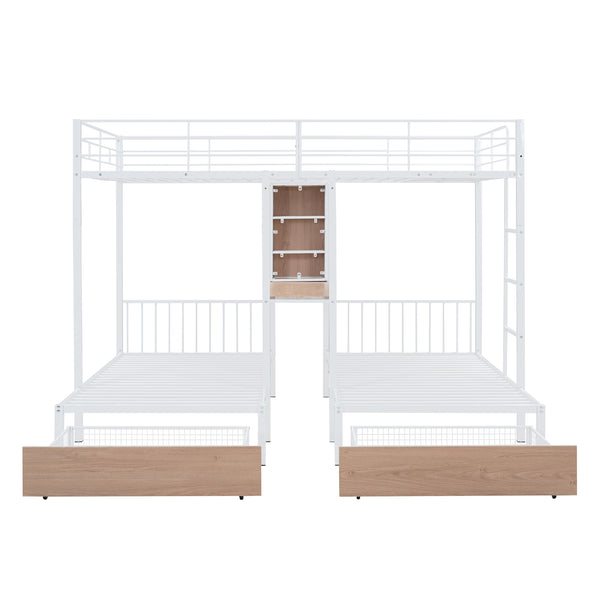 English Elm Full Triple Bunk Bed with Drawers and Built-in Desk Shelves, Space-Saving Metal & Wood Design for Families White SF000028AAK