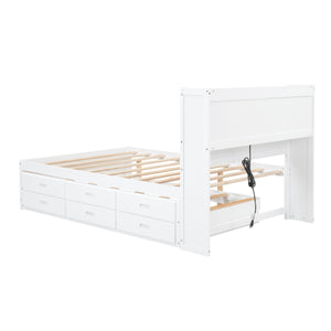 English Elm Full Full Size platform bed with trundle, 3 under-bed drawers, headboard shelves and USB ports—durable pine construction for storage and extra sleeping space White GX000352AAK