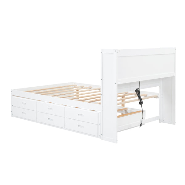 English Elm Full Full Size platform bed with trundle, 3 under-bed drawers, headboard shelves and USB ports—durable pine construction for storage and extra sleeping space White GX000352AAK