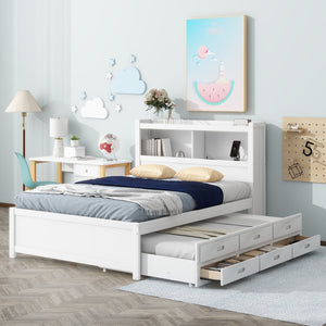 English Elm Full Full Size platform bed with trundle, 3 under-bed drawers, headboard shelves and USB ports—durable pine construction for storage and extra sleeping space White GX000352AAK