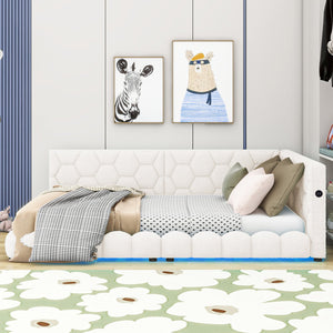 English Elm Upholstered Full Size Platform Bed with USB Ports, LED Accent Belt, White Modern Daybed Design GX000554AAK