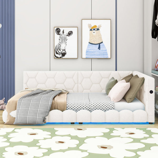 English Elm Upholstered Full Size Platform Bed with USB Ports, LED Accent Belt, White Modern Daybed Design GX000554AAK