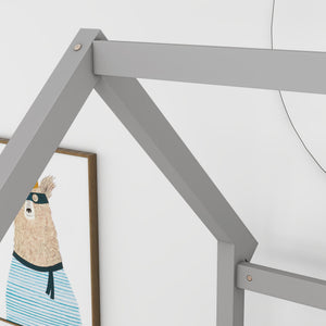 English Elm Twin House Frame Floor Bed with 20" High Fence, Solid Pine Roof, Spacious Entrance for Kids Safety Grey W1858123985