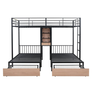 English Elm Full Triple Bunk Bed with Drawers and Built-in Desk Shelves, Space-Saving Metal & Wood Design for Families Black SF000028AAB