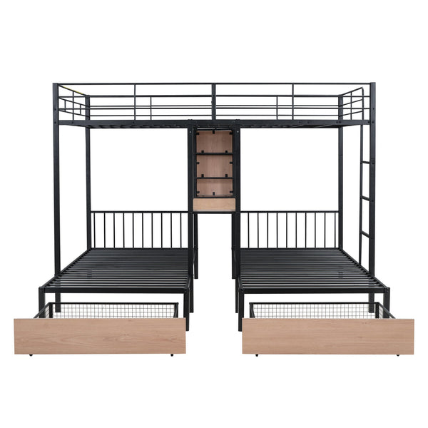 English Elm Full Triple Bunk Bed with Drawers and Built-in Desk Shelves, Space-Saving Metal & Wood Design for Families Black SF000028AAB