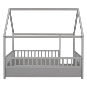 English Elm Full House Frame Floor Bed with Roof & High Fence Guardrails, Solid Pine/Plywood, Safe Spacious Design Grey W1858123988