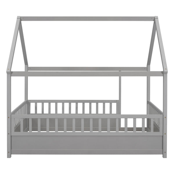 English Elm Full House Frame Floor Bed with Roof & High Fence Guardrails, Solid Pine/Plywood, Safe Spacious Design Grey W1858123988
