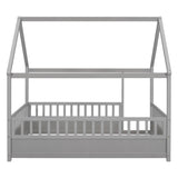 Hearth and Haven Full Size Floor Wooden Bed with House Roof Frame, Fence Guardrails, Grey W1858123988