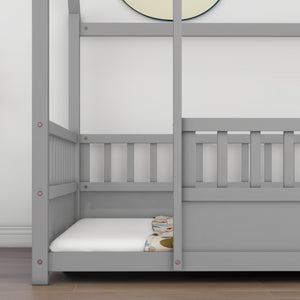 English Elm Full House Frame Floor Bed with Roof & High Fence Guardrails, Solid Pine/Plywood, Safe Spacious Design Grey W1858123988