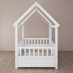 English Elm Twin House Frame Floor Bed with 20" High Fence, Solid Pine Roof, Spacious Entrance for Kids Safety White W1858123984