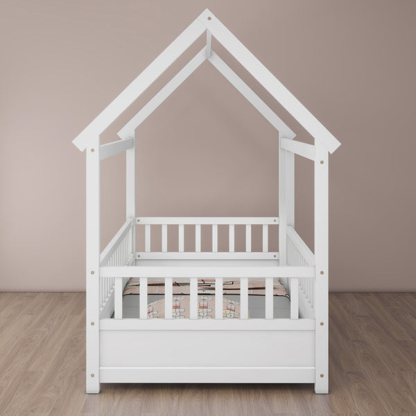 English Elm Twin House Frame Floor Bed with 20" High Fence, Solid Pine Roof, Spacious Entrance for Kids Safety White W1858123984