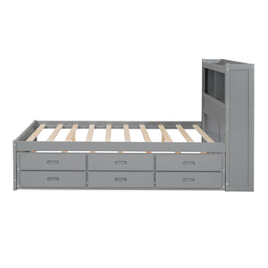 English Elm Full Full Size platform bed with trundle, 3 under-bed drawers, headboard shelves and USB ports—durable pine construction for storage and extra sleeping space Gray GX000352AAE