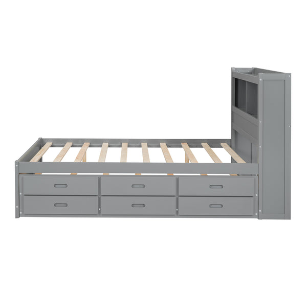 English Elm Full Full Size platform bed with trundle, 3 under-bed drawers, headboard shelves and USB ports—durable pine construction for storage and extra sleeping space Gray GX000352AAE