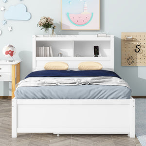 English Elm Full Full Size platform bed with trundle, 3 under-bed drawers, headboard shelves and USB ports—durable pine construction for storage and extra sleeping space White GX000352AAK
