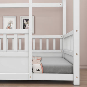English Elm Twin House Frame Floor Bed with 20" High Fence, Solid Pine Roof, Spacious Entrance for Kids Safety White W1858123984