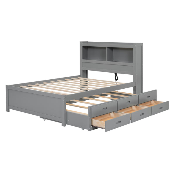 English Elm Full Full Size platform bed with trundle, 3 under-bed drawers, headboard shelves and USB ports—durable pine construction for storage and extra sleeping space Gray GX000352AAE