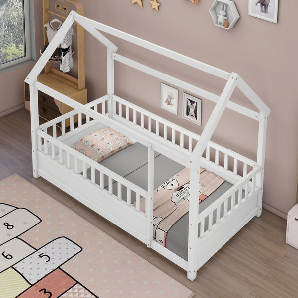 English Elm Twin House Frame Floor Bed with 20" High Fence, Solid Pine Roof, Spacious Entrance for Kids Safety White W1858123984