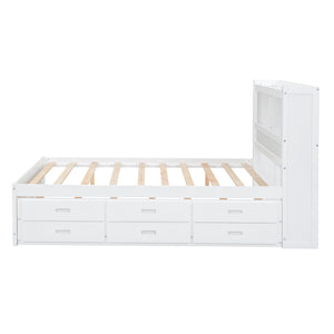 English Elm Full Full Size platform bed with trundle, 3 under-bed drawers, headboard shelves and USB ports—durable pine construction for storage and extra sleeping space White GX000352AAK