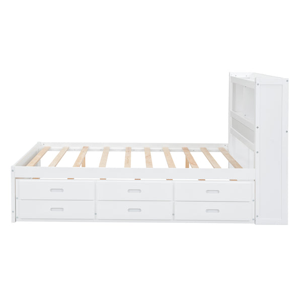 English Elm Full Full Size platform bed with trundle, 3 under-bed drawers, headboard shelves and USB ports—durable pine construction for storage and extra sleeping space White GX000352AAK