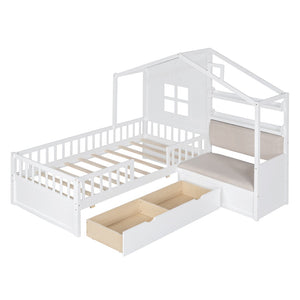 English Elm Twin House Bed Frame for Kids with Attached Sofa Two Drawers and Pine Slat Support HL000065AAK