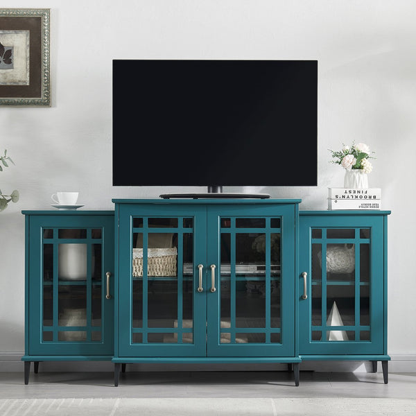 English Elm 62" Teal Blue Buffet Cabinet with Tempered Glass, Carved Doors, Adjustable Shelves & Anti-Tip Safety W96570022